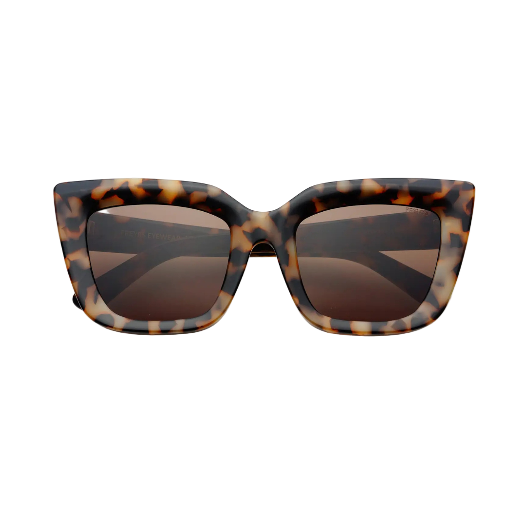 Tortoiseshell sunglasses with brown lenses on a white background