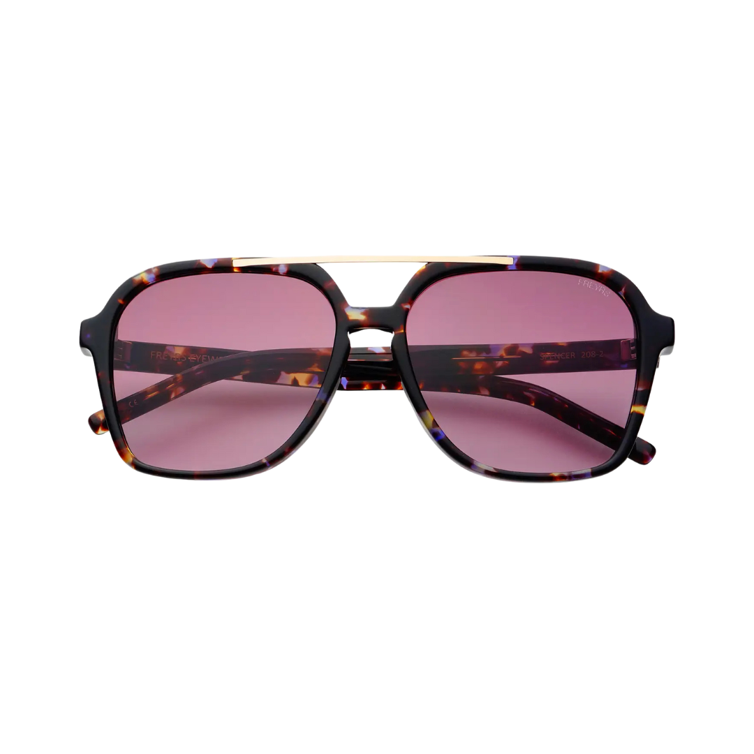 Sunglasses with tortoiseshell frame and pink lenses on a white background
