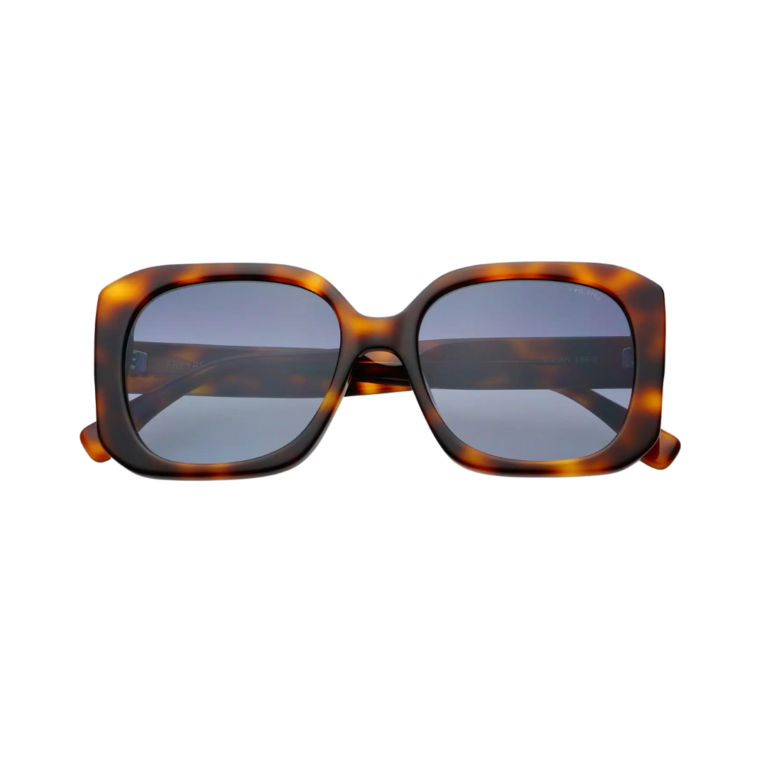 Sunglasses with tortoiseshell frame and dark lenses on a white background