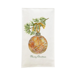 white hand towel with gold sparkle ornament on green tree limb saying "merry christmas" on a white background