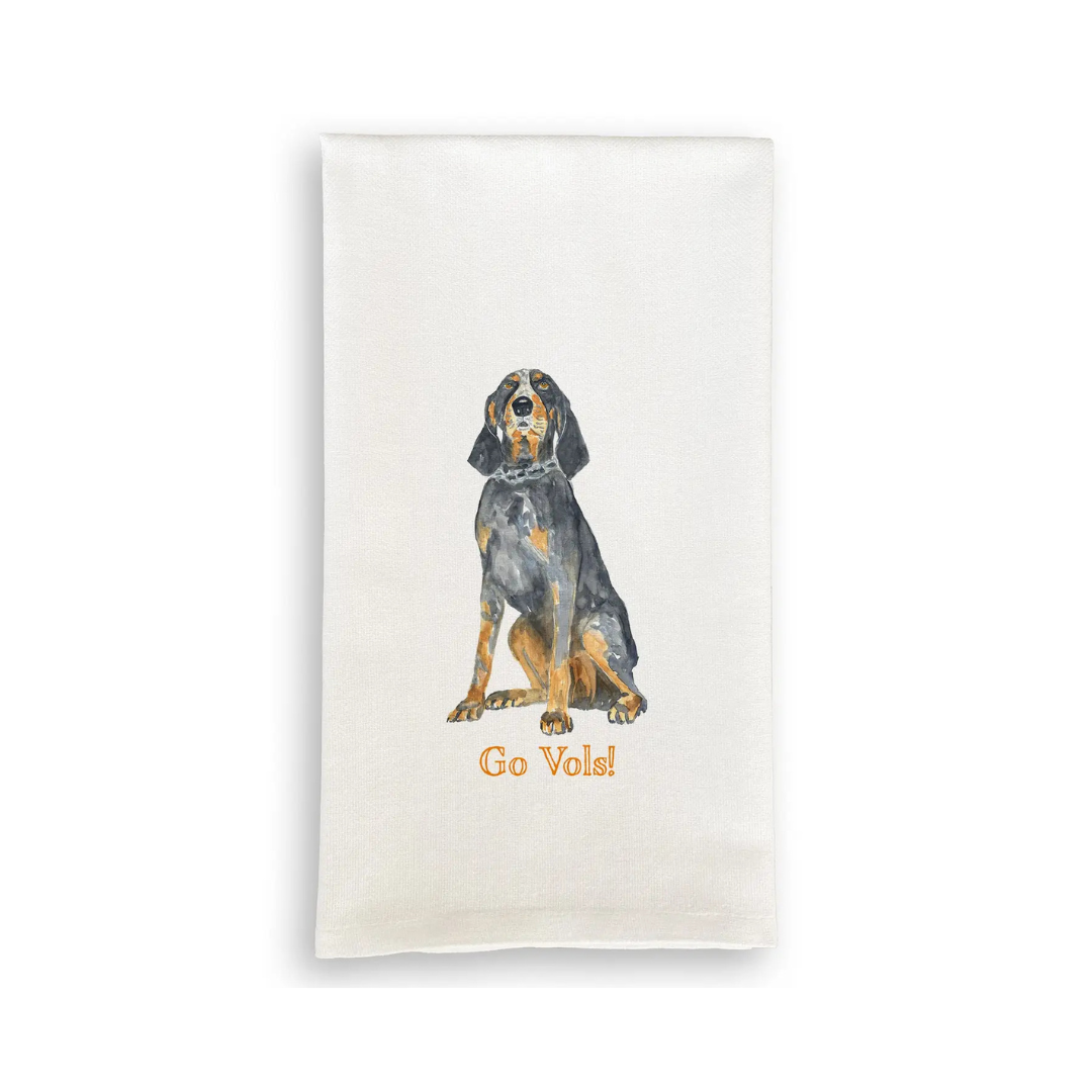  'Go Vols!' Black and Tan Coonhound Tea Towel on a white background