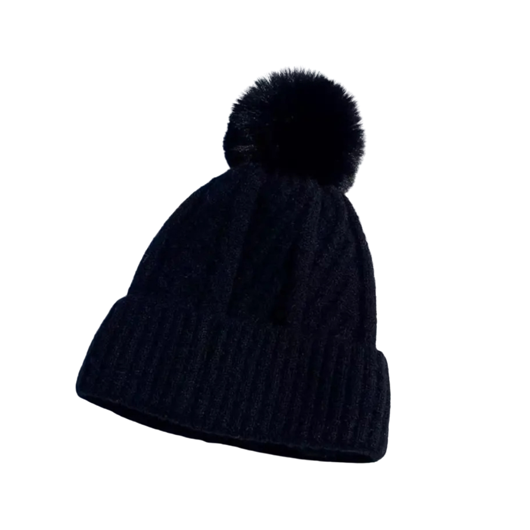 Black knit beanie with a pom-pom on a white background