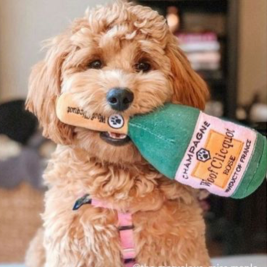 A plush dog toy designed to resemble a champagne bottle, with a soft, brown exterior and a pink leash.