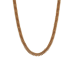 Neutral-toned brown bead necklace with smooth round disk beads displayed on a white background