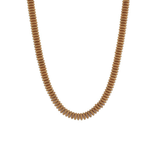 Neutral-toned brown bead necklace with smooth round disk beads displayed on a white background