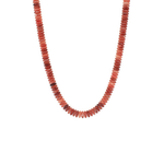 Neutral-toned dark coral bead necklace with smooth round disk beads displayed on a white background