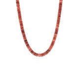 Neutral-toned dark coral bead necklace with smooth round disk beads displayed on a white background