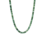 Neutral-toned green bead necklace with smooth round disk beads displayed on a white background