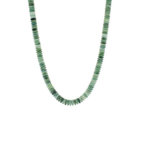 Neutral-toned green bead necklace with smooth round disk beads displayed on a white background
