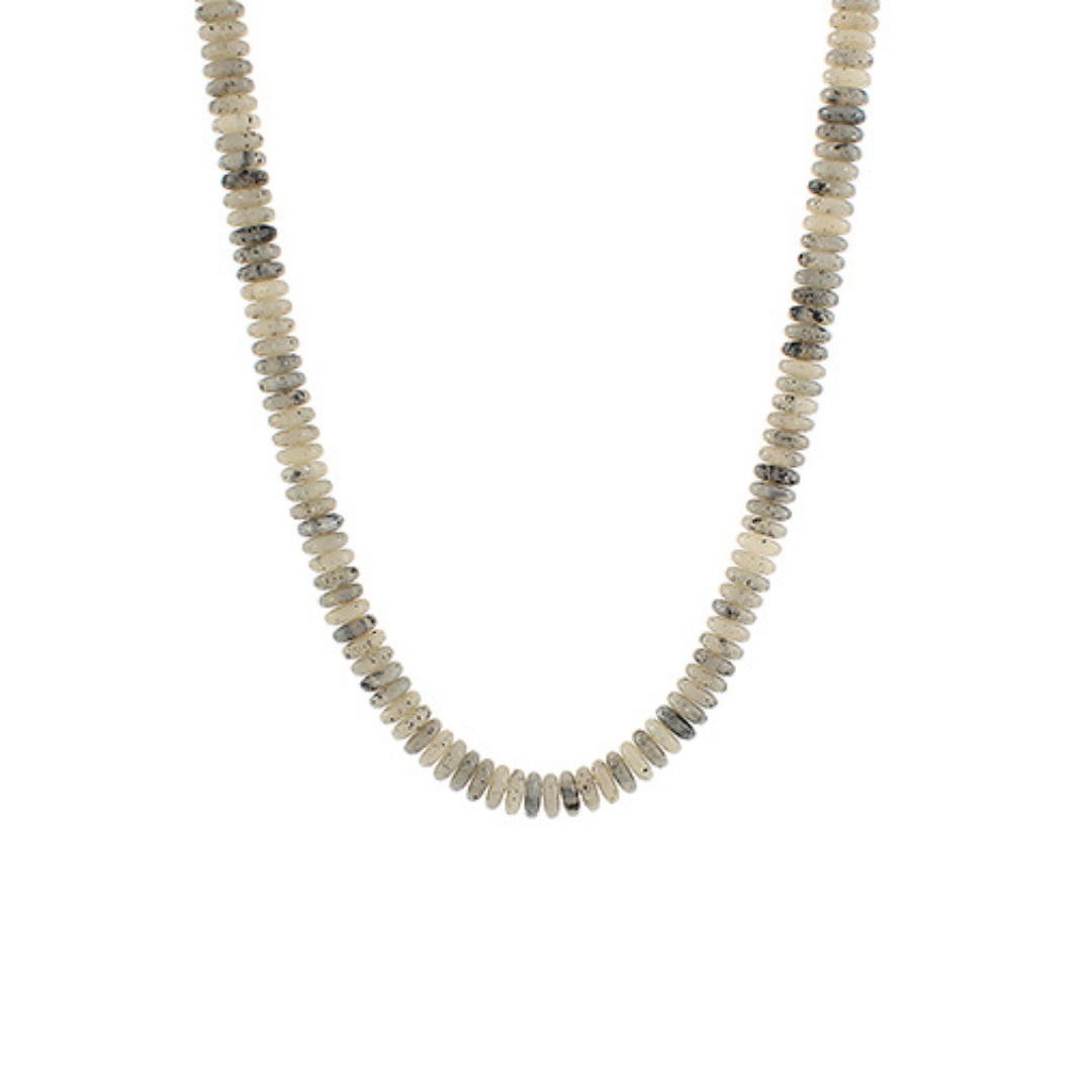 Neutral-toned grey bead necklace with smooth round disk beads displayed on a white background