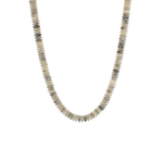 Neutral-toned grey bead necklace with smooth round disk beads displayed on a white background