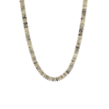 Neutral-toned grey bead necklace with smooth round disk beads displayed on a white background