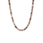 Neutral-toned taupe bead necklace with smooth round disk beads displayed on a white background