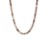 Neutral-toned taupe bead necklace with smooth round disk beads displayed on a white background