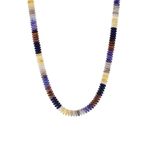 multicolored necklace with smooth round disk beads displayed on a white background