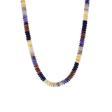 multicolored necklace with smooth round disk beads displayed on a white background