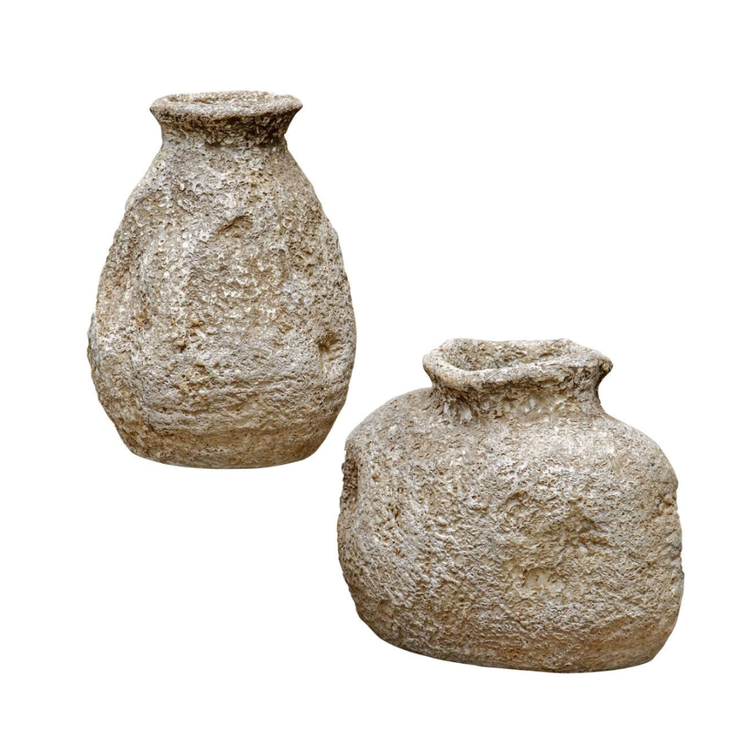 Set of two terracotta vases with an aged, textured brown finish resembling ancient artifacts, available in tall and rounded styles for rustic or vintage-inspired decor