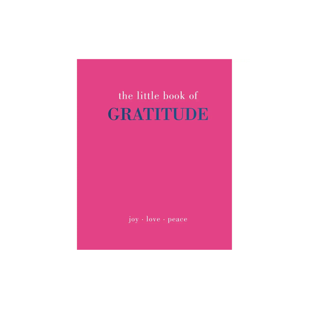 Pink book titled 'the little book of gratitude' with text 'joy, love, peace' on a white background