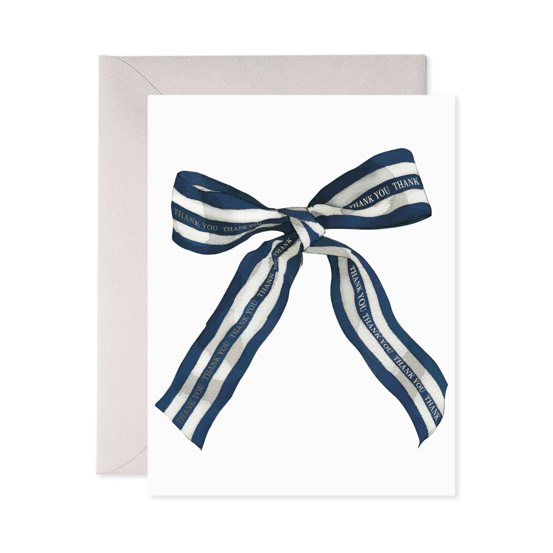 Greeting card with a blue and white striped ribbon and 'THANK YOU' text on a white background.