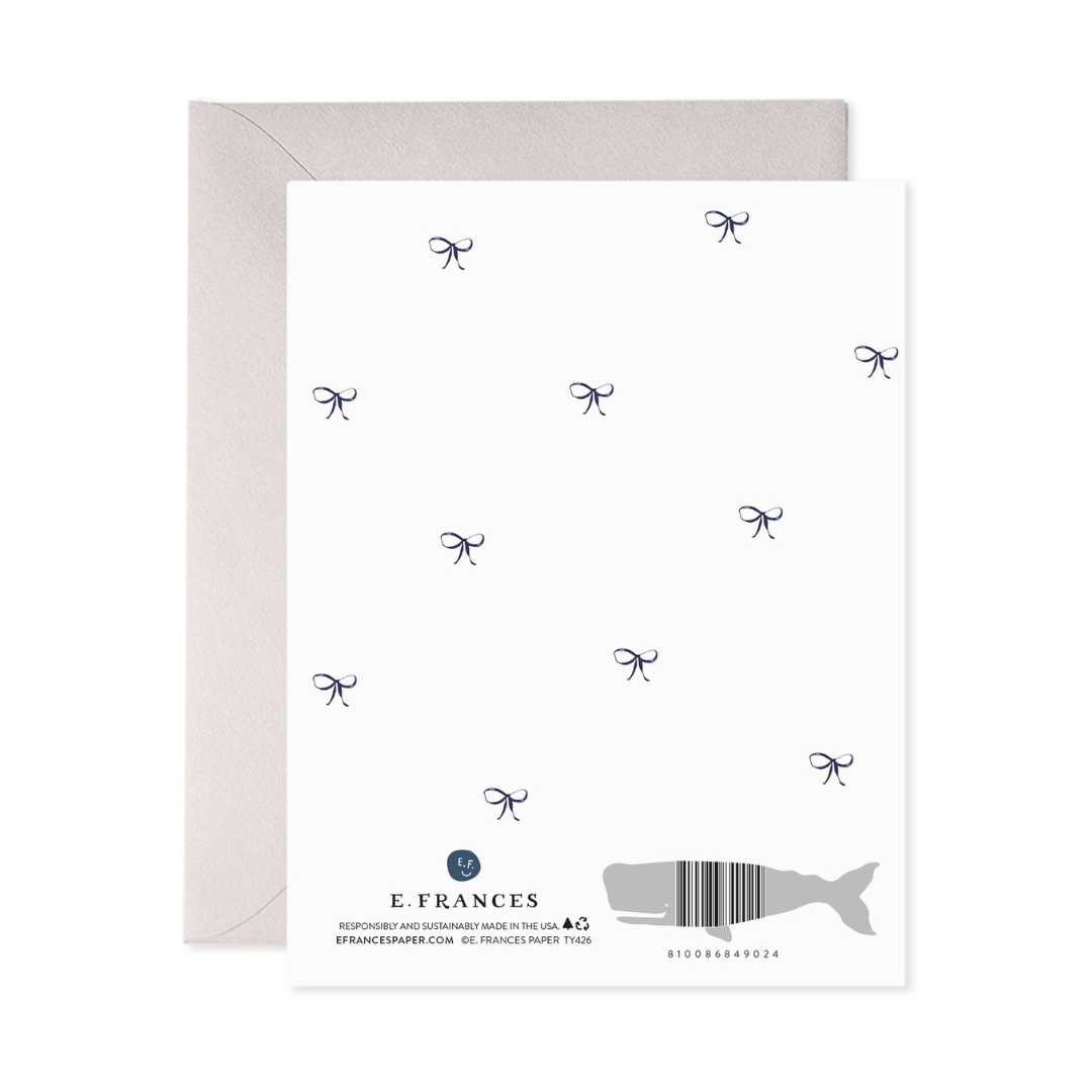 Greeting card with bow pattern and E. Frances branding on a white background