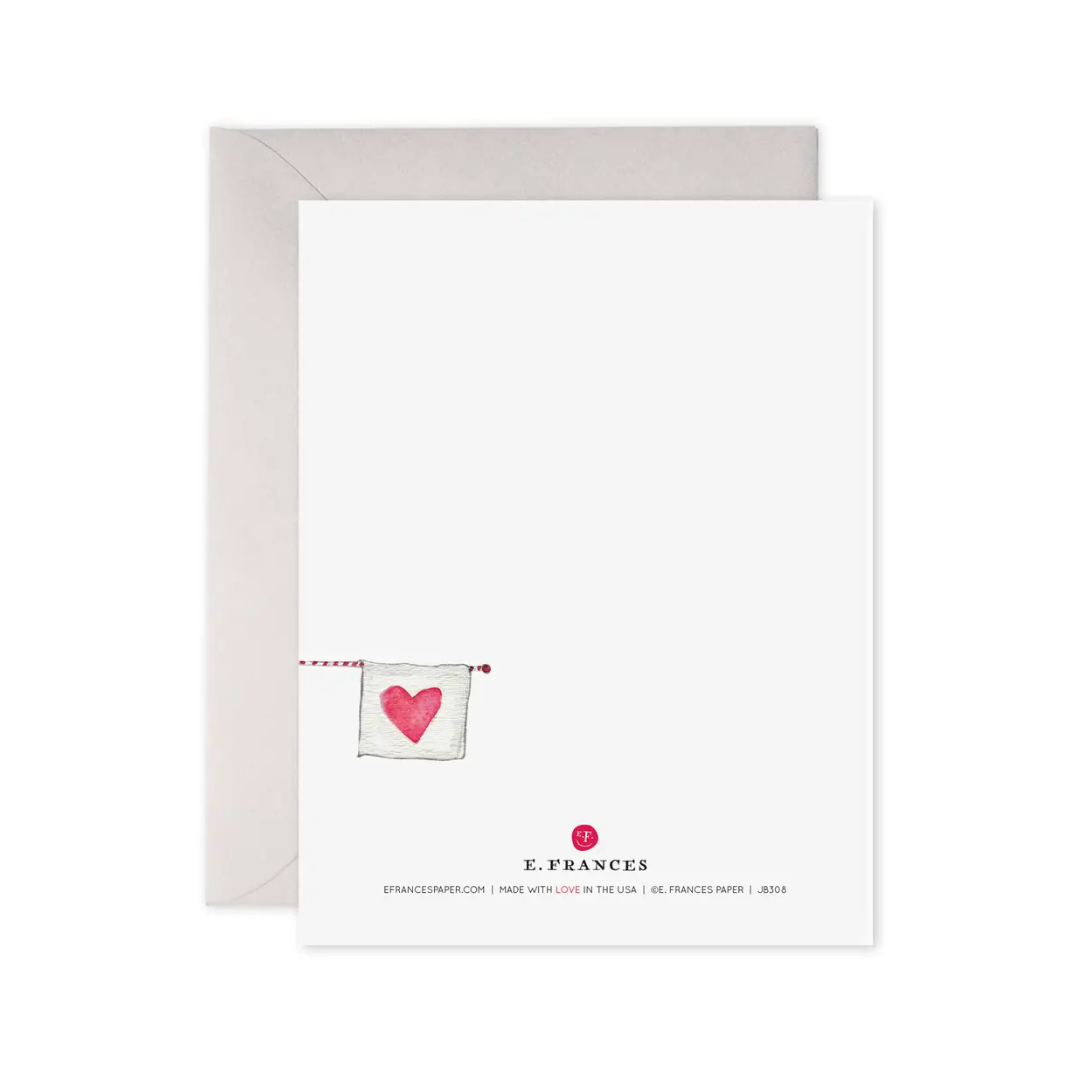 Greeting card with heart design and E. Frances branding on a white background