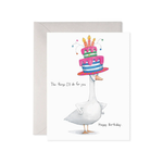 Greeting card with a goose carrying a birthday cake, on a white background