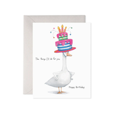 Greeting card with a goose carrying a birthday cake, on a white background