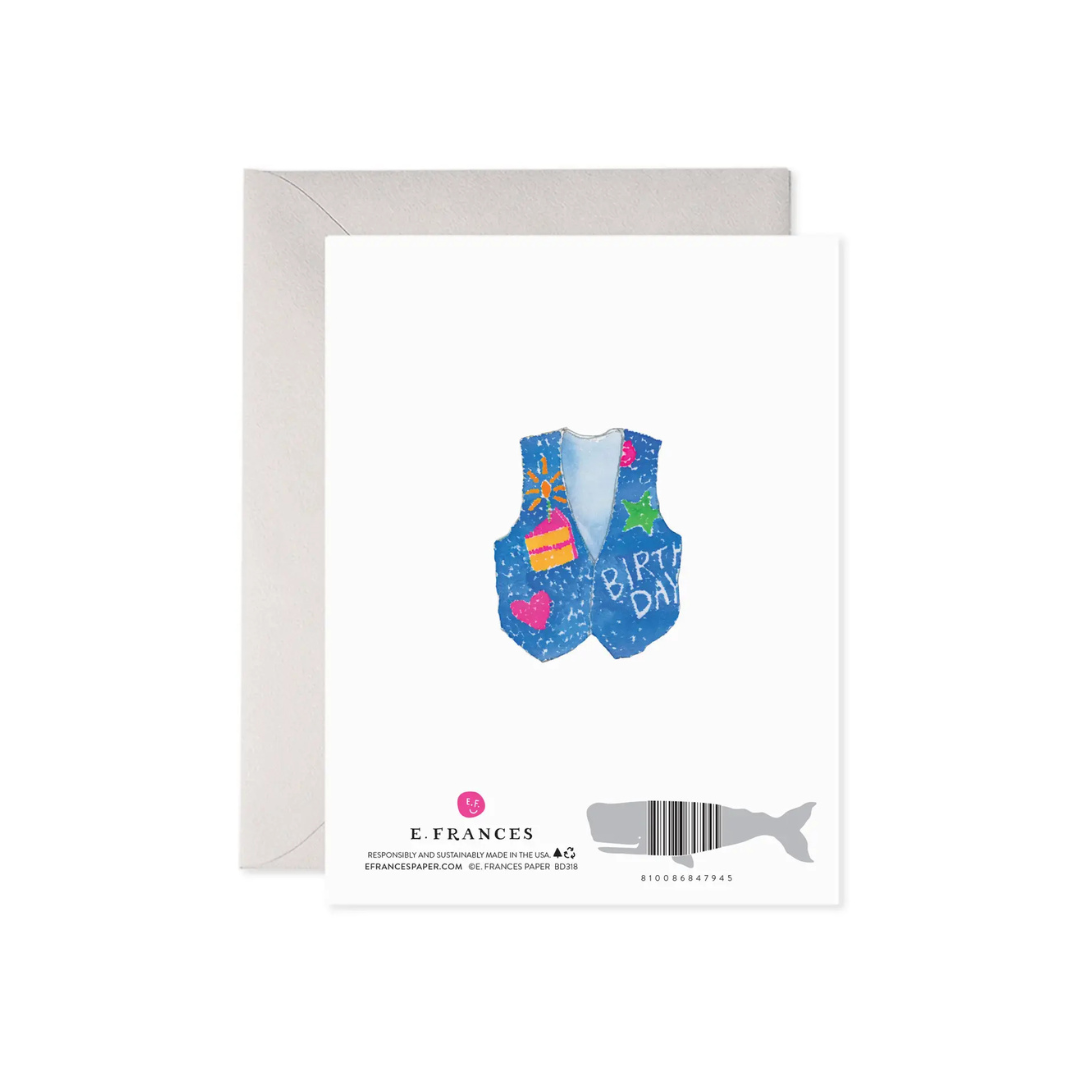 Greeting card with colorful vest design and 'Happy Birthday' text, featuring E. Frances branding.