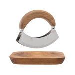 Wooden-handled cleaver on a wooden base with a white background