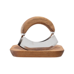 Wooden cheese slicer with a white blade on a white background