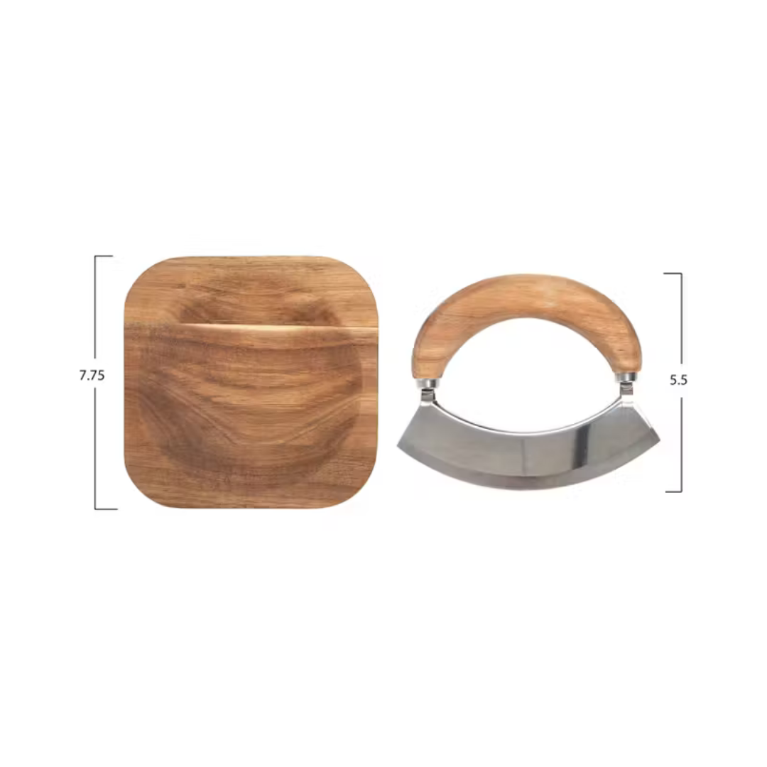 Wooden cheese board and knife set with measurements on a white background