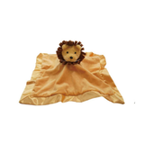 Lion-shaped plush toy with a soft blanket on a white background