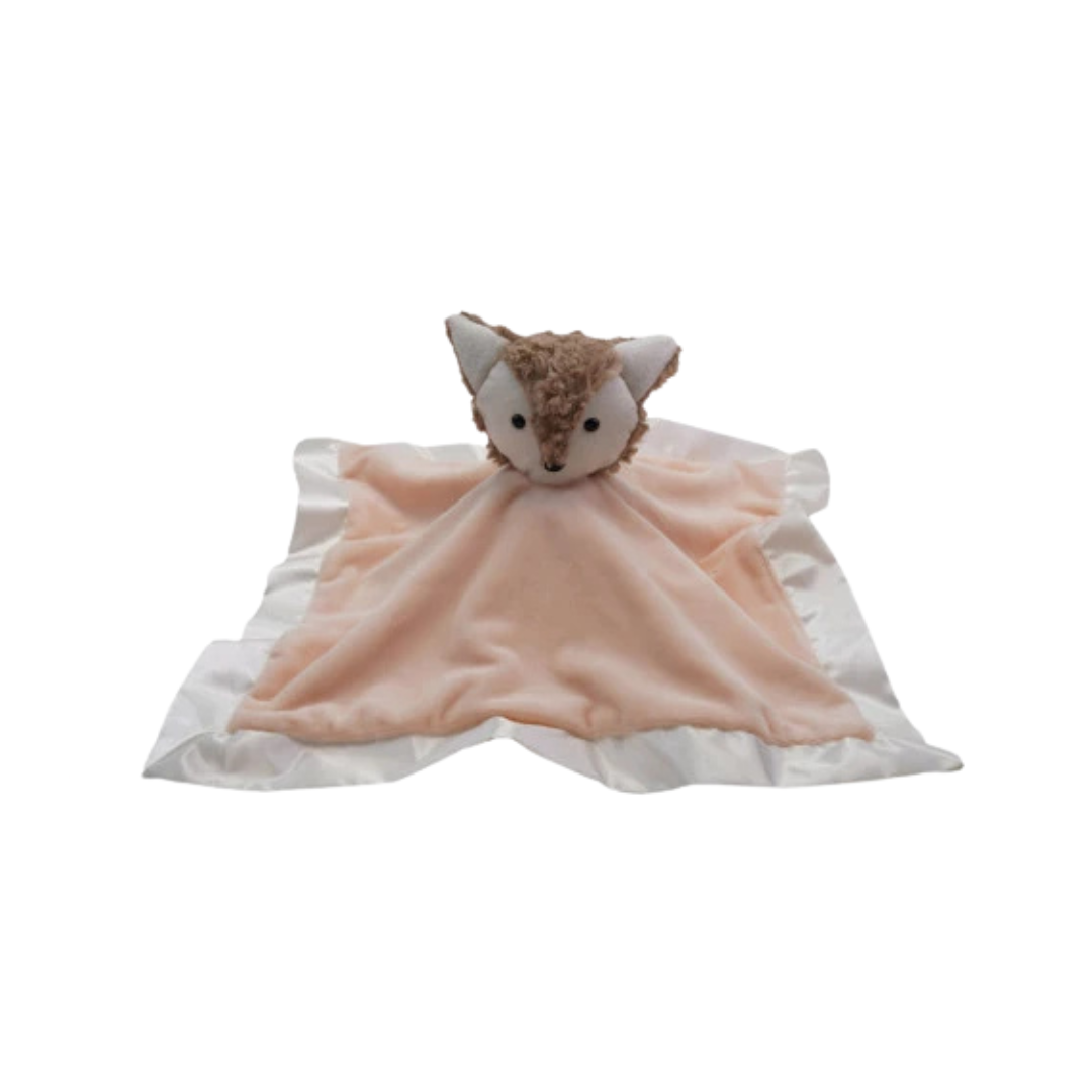 Plush fox toy with a blanket on a white background