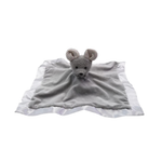 Gray plush mouse toy with a blanket on a white background