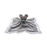Gray plush mouse toy with a blanket on a white background