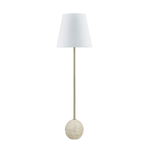 Floor lamp with a white shade and textured base on a white background