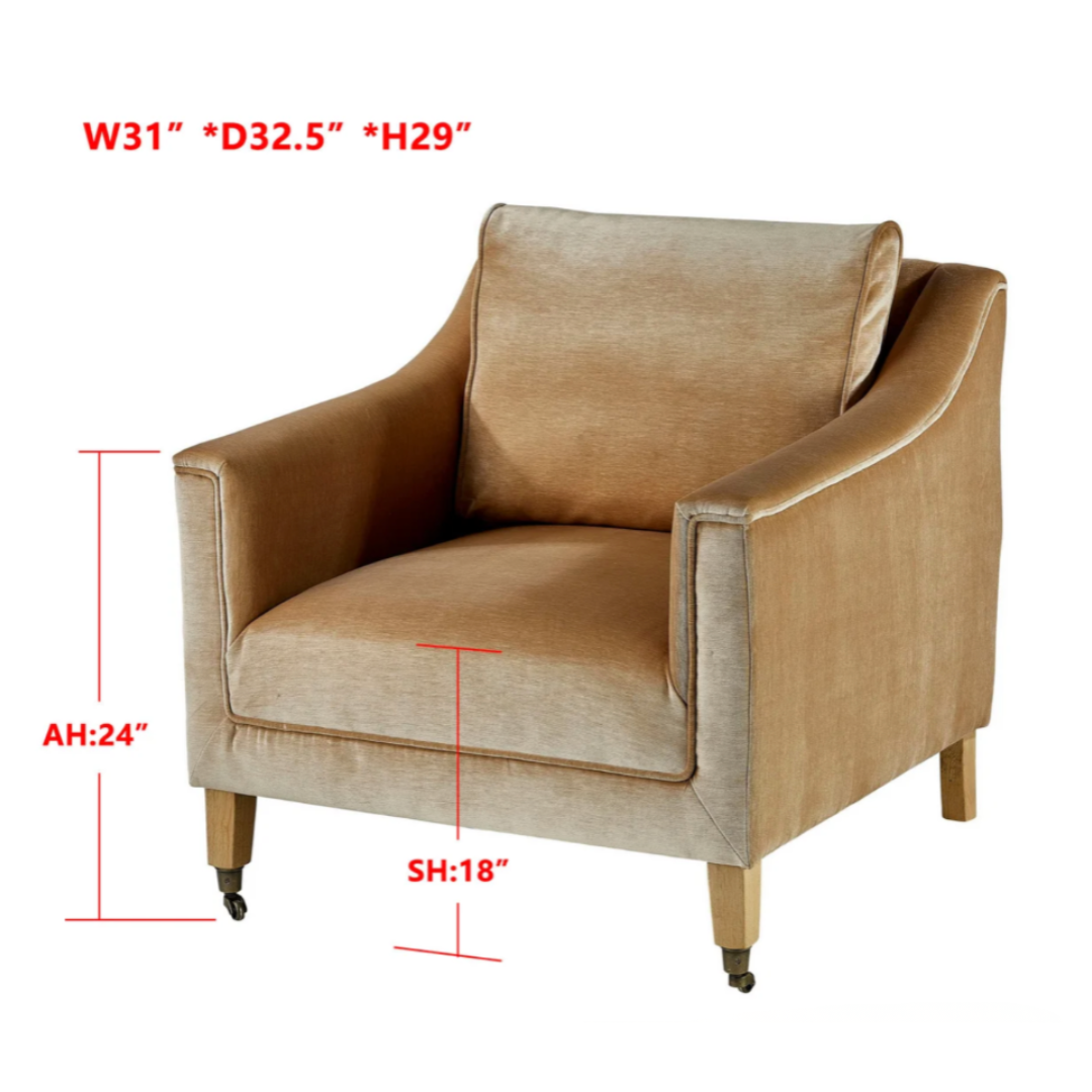 Beige armchair with dimensions labeled on a white background