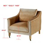 Beige armchair with dimensions labeled on a white background