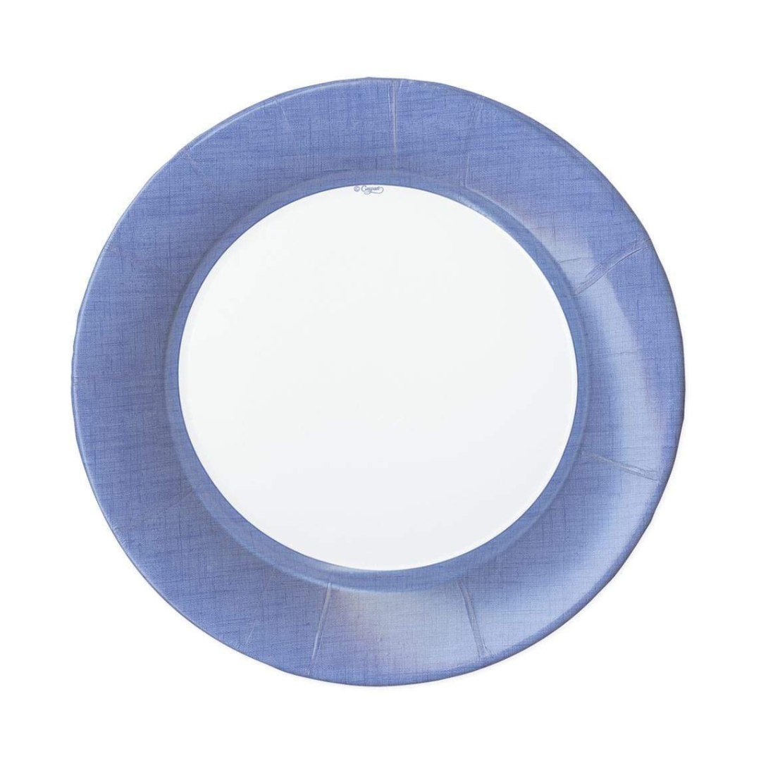 Blue circular paper plate on a white background