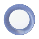 Blue circular paper plate on a white background