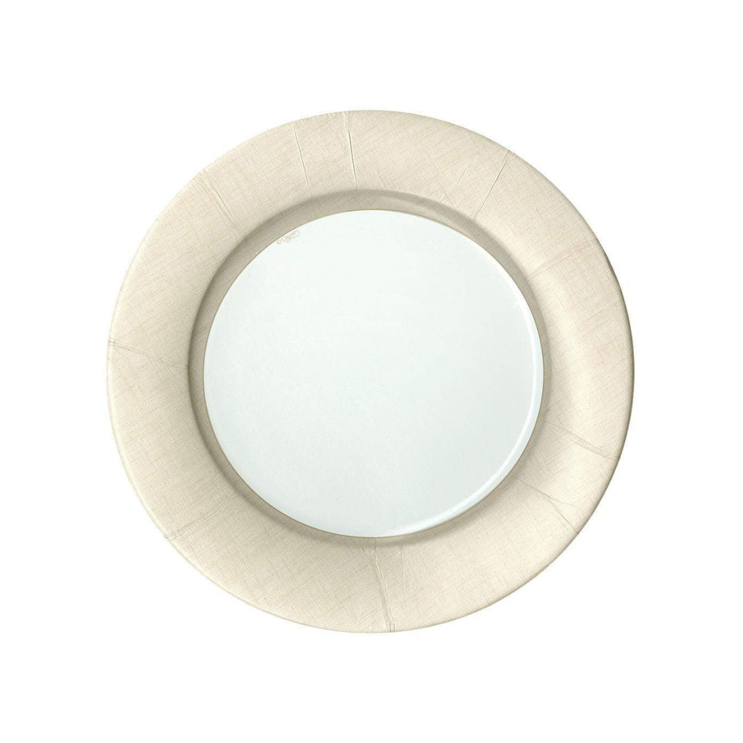 round linen colored dessert plates on a white background