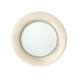 round linen colored dessert plates on a white background