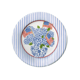Decorative plate with blue floral design and American flags on a white background