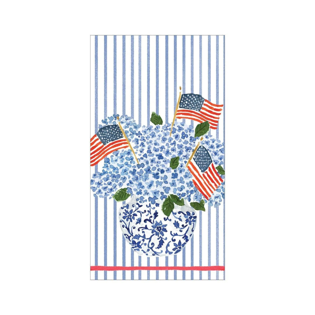 Guest Towel with American flags and floral design on a blue and white striped background