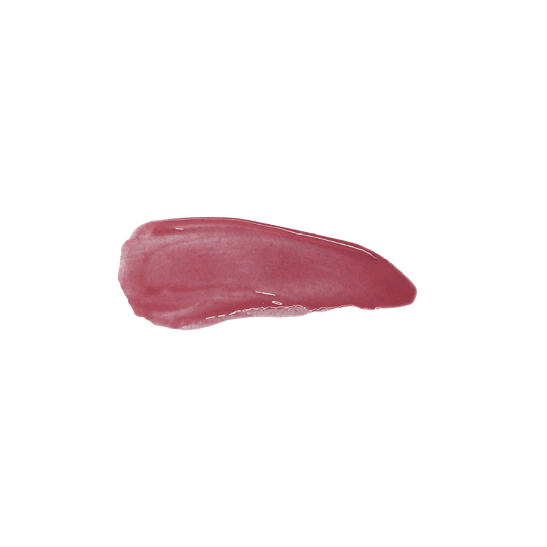 Pink lip gloss swatch on a white background