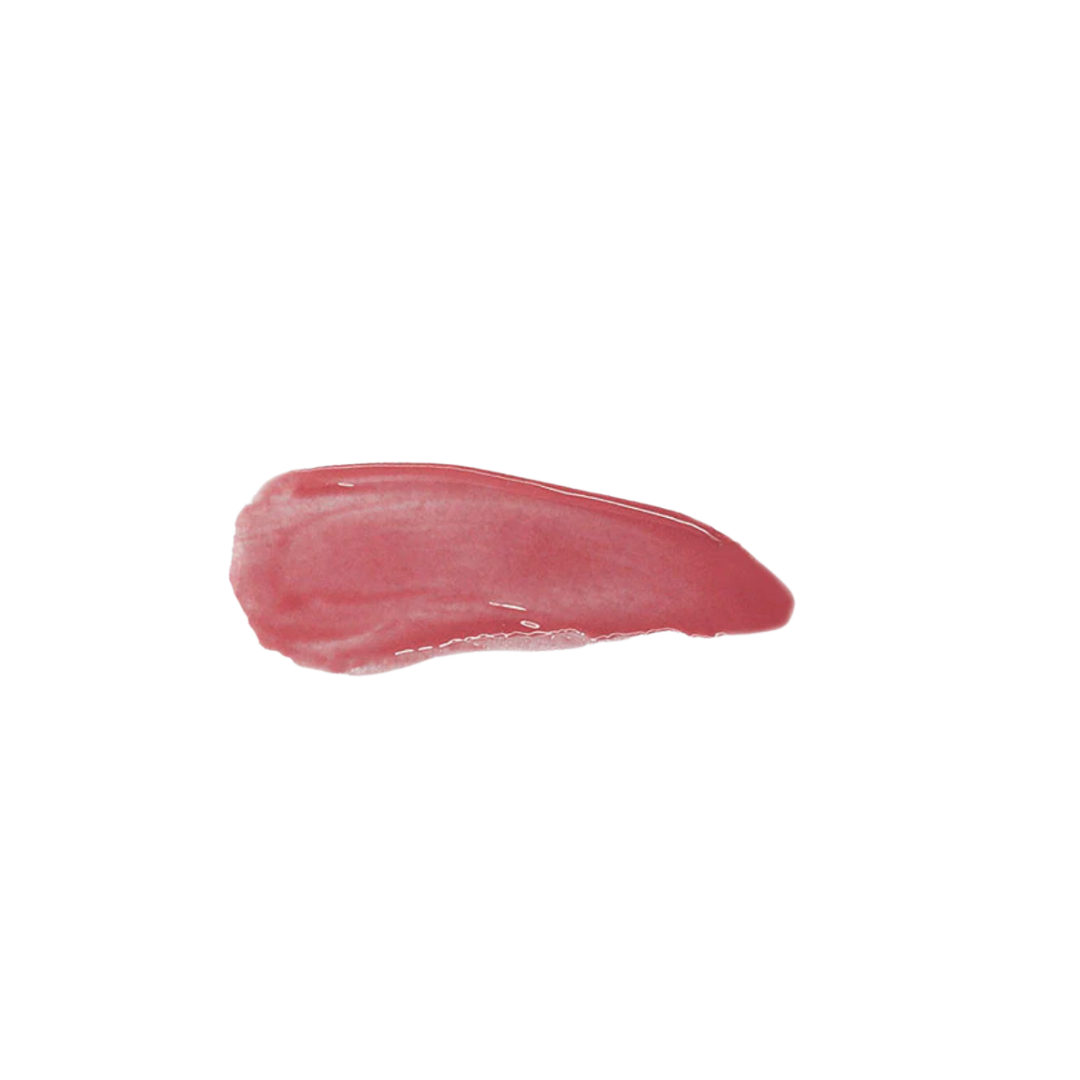 Pink lip gloss swatch on a white background