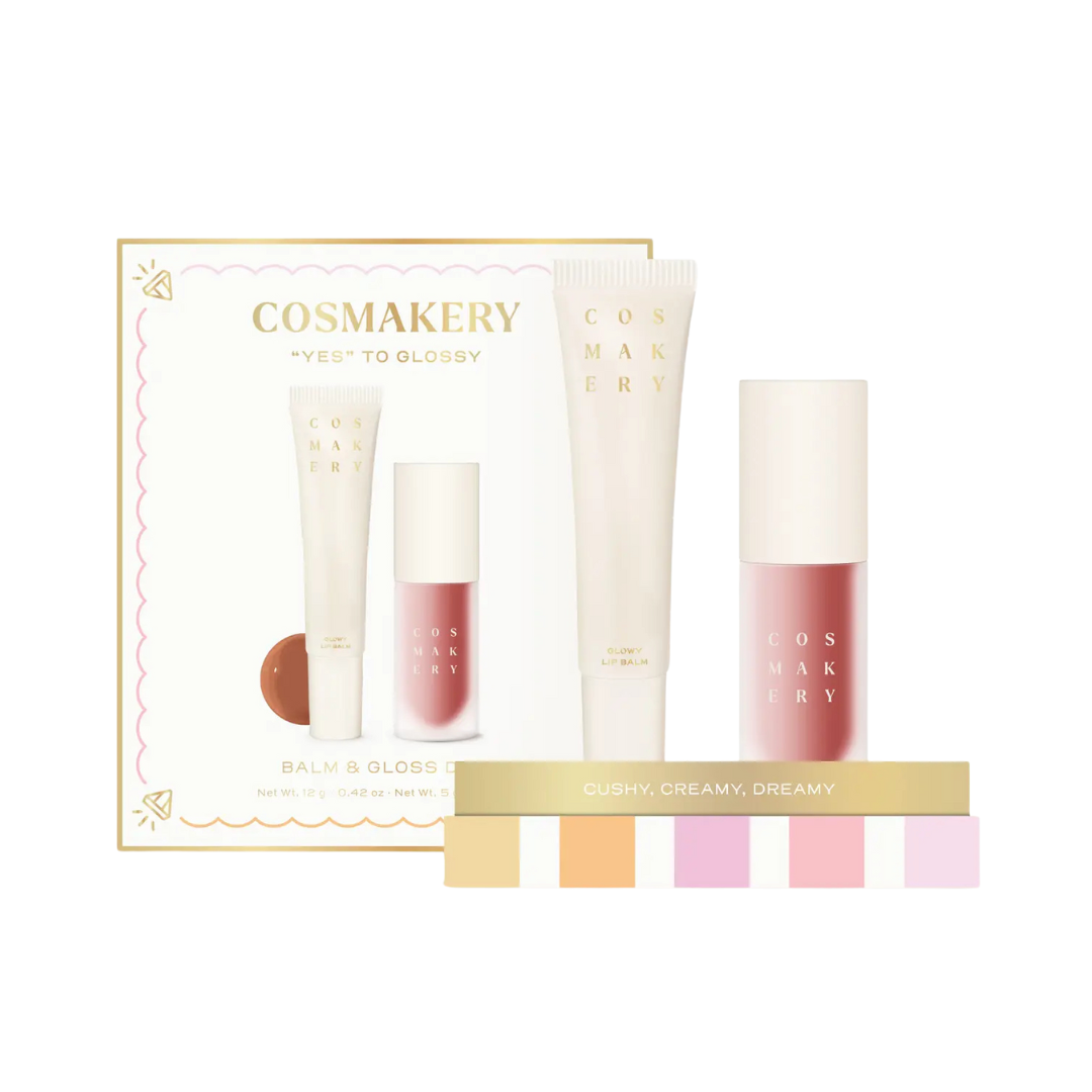 Cosmakery cosmetic set with lip balms and cream on a white background