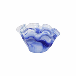 Blue and white ceramic vase with wavy design on a white background