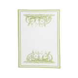 White towel with green floral design on a white background