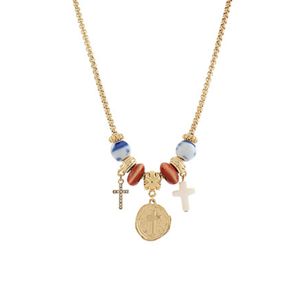 Gold coin and bead necklace with cross charms and mixed accent beads, photographed on a white background.